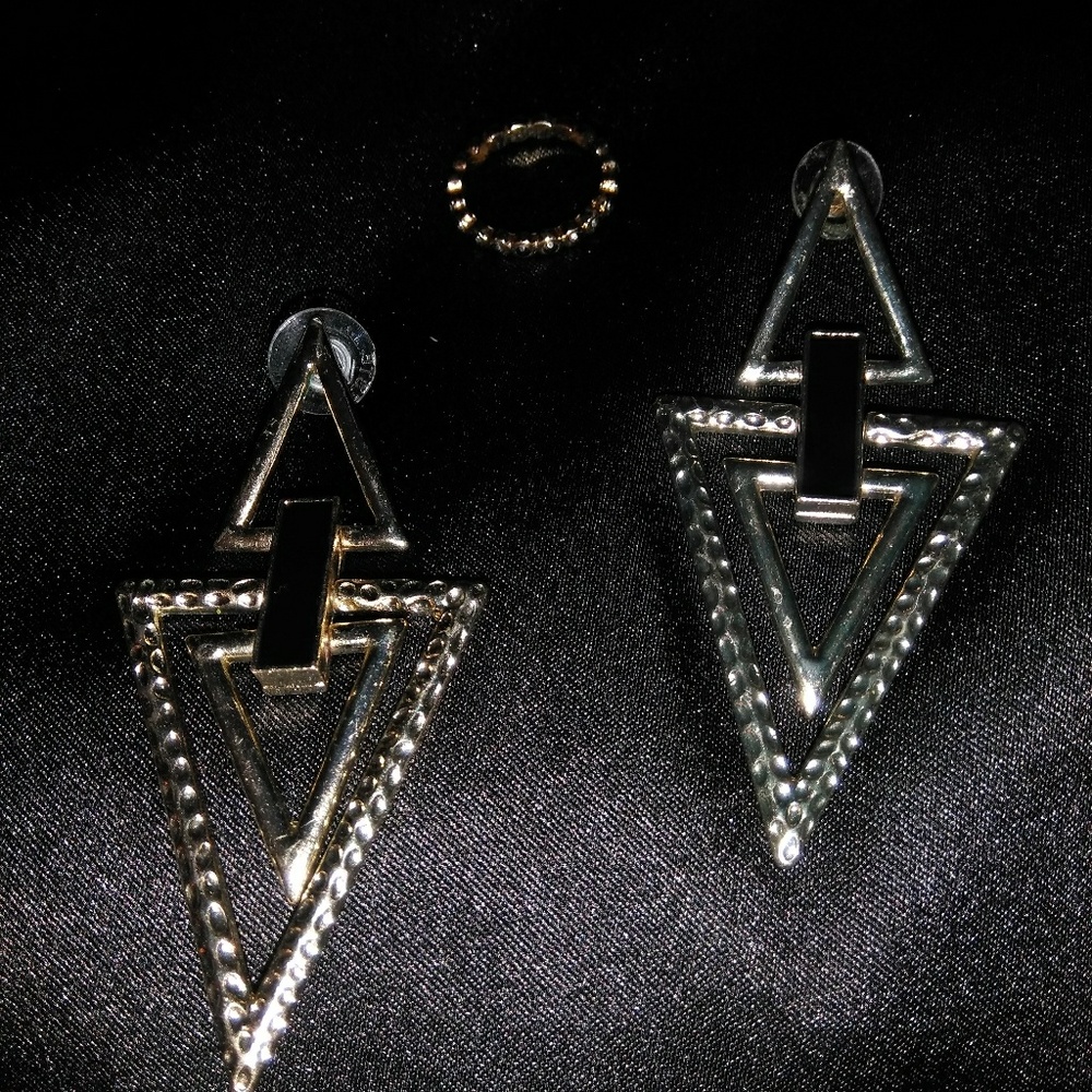 Vintage Gold Plated Triangle Earrings and Ring